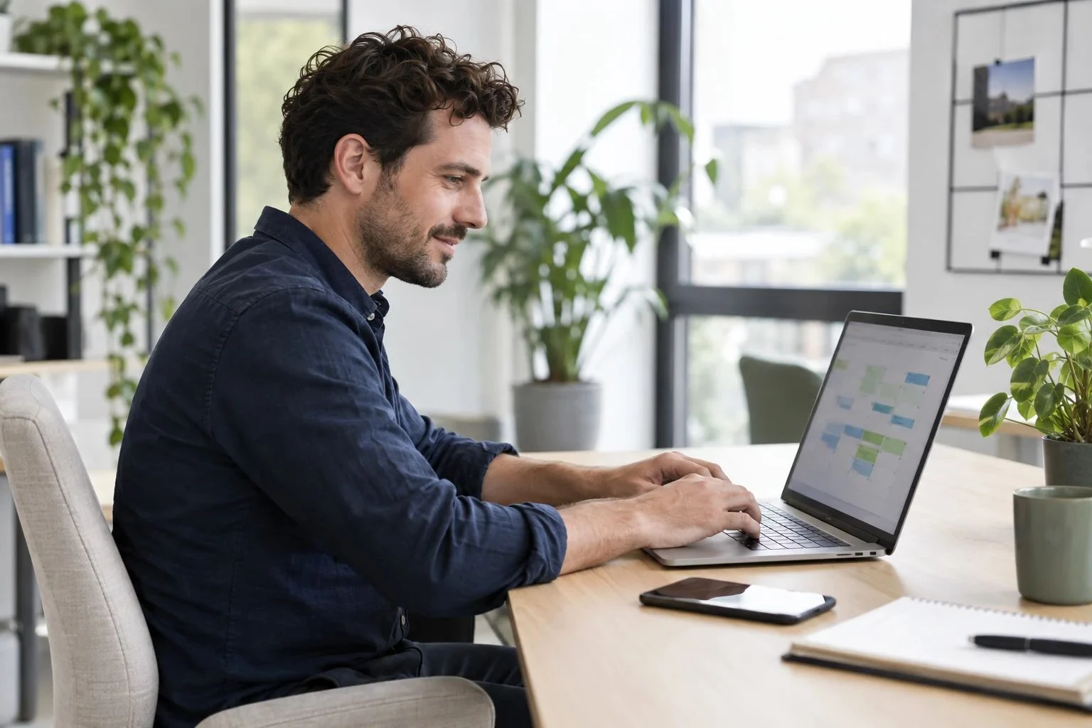 Een recruiter plant werk op zijn laptop met een telefoon naast zich